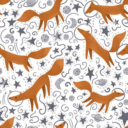 Little foxes in a space suit. Illustration in the Scandinavian style.Seamless pattern with astronauts on a starry backgroundの写真素材