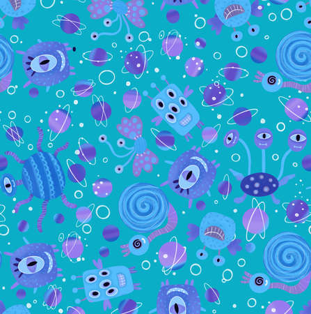 Seamless space-themed pattern with aliens, monsters, planetsの写真素材