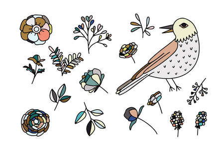 Collection of elements for the design of postcards and packaging. Set of bird, flowersのイラスト素材