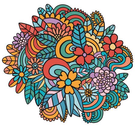 Illustration with flowers, curls, leaves, plants, lines Design element with colorsの写真素材