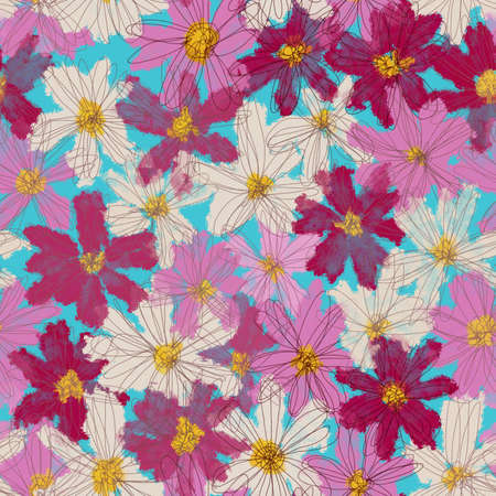 Seamless pattern of chamomile flowers, cosmos. Design for fabric, clothes, paper.の写真素材