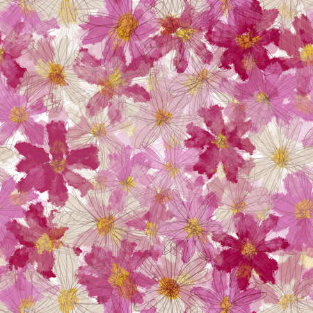 Seamless pattern of chamomile flowers, cosmos. Design for fabric, clothes, paper.の写真素材