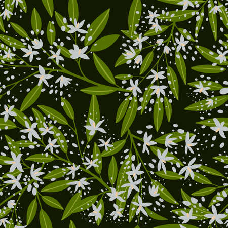 Seamless pattern of white flowers and green leaves on a dark background. Design for textile, wallpaper, paper.の写真素材