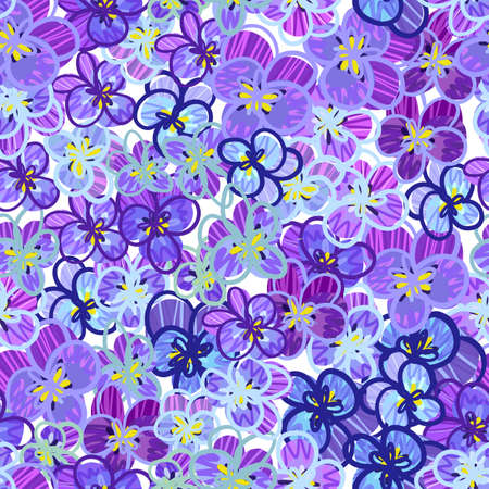 Purple flowers of viola, pansies. Fashion fabric pattern with miniature flowers. Botanical seamless print with various floral elements.の写真素材