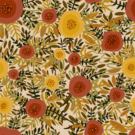 Seamless floral pattern with hand drawn plants, leaves, wild flowers. Perfect for fabric design, wallpaper, apparel.の写真素材