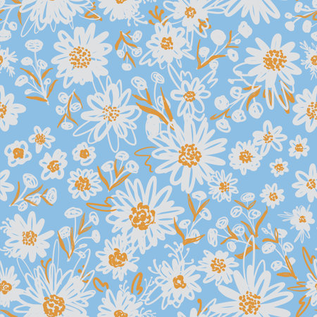 Seamless pattern with chamomile flower on a blue backgroundの写真素材