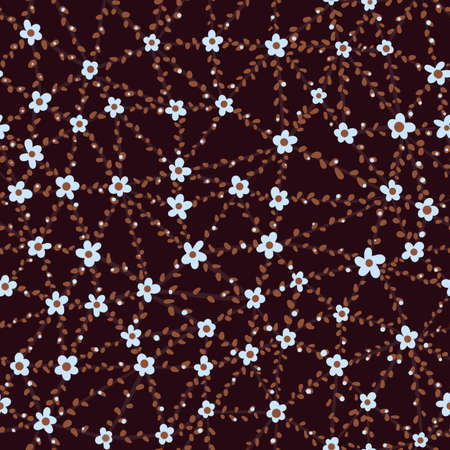 Seamless pattern of white creeping flowers on a dark background. Design for dress, fabric, wallpaper. Cute pattern in small flower.の写真素材