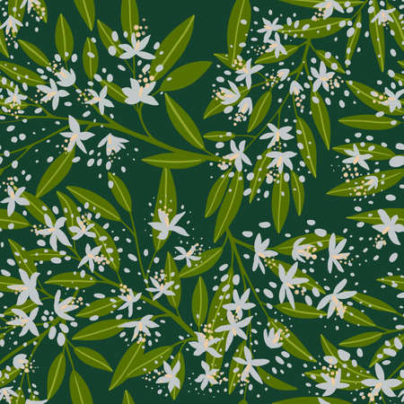 Seamless pattern of white flowers and green leaves on a dark background. Design for textile, wallpaper, paper.の写真素材