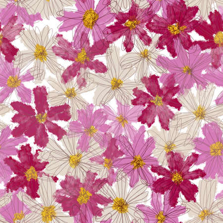 Seamless pattern of chamomile flowers, cosmos. Design for fabric, clothes, paper.の写真素材