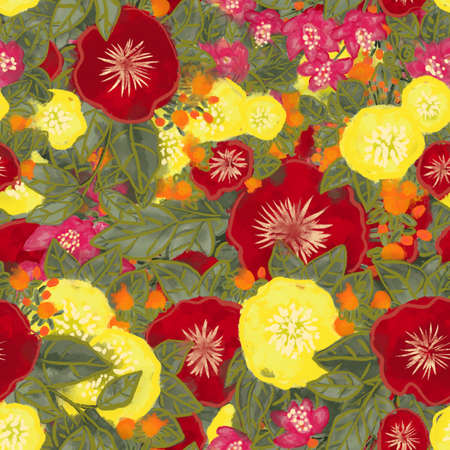 Seamless floral pattern with nasturtzi flowers, roses. Summer bright print for fabric, dresses.の写真素材