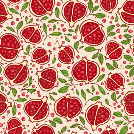 Vector pomegranates with leaves and seeds on a neutral background. Seamless pattern in red and green colors. Fruit and botanical illustrations for print, textile and packaging design.のイラスト素材
