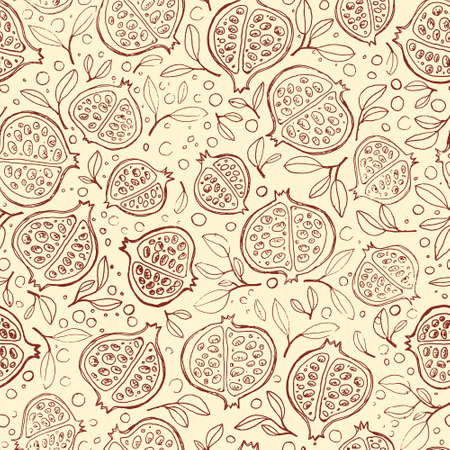 Vector pomegranates with leaves and seeds on a neutral background. Seamless pattern in brown and coffee tones. Fruit and botanical illustrations for print, textile and packaging design.のイラスト素材