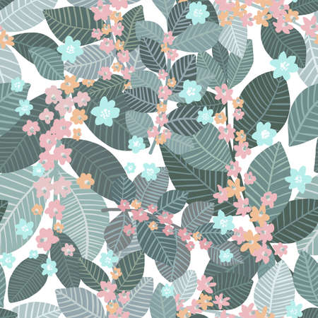 Watercolor seamless pattern with soft green leaves, spring foliage on branches, botanical illustration for pajamas, fabrics, dresses, greeting cards.の写真素材
