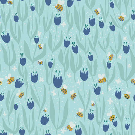 Seamless pattern of wild flowers and flying bees on a blue background.の写真素材