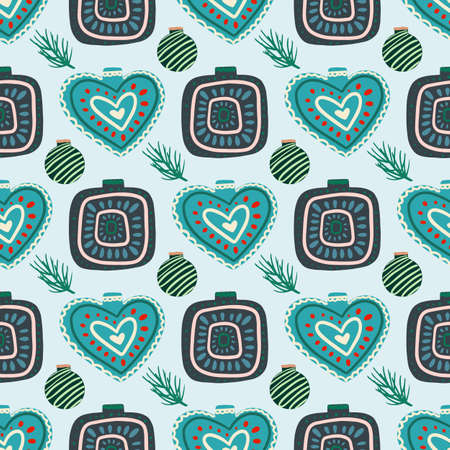 Vector Christmas seamless pattern with pine cones, balls, Christmas decorations, Christmas decorations. Vintage holiday repeated texture with new year toys and decoration.のイラスト素材