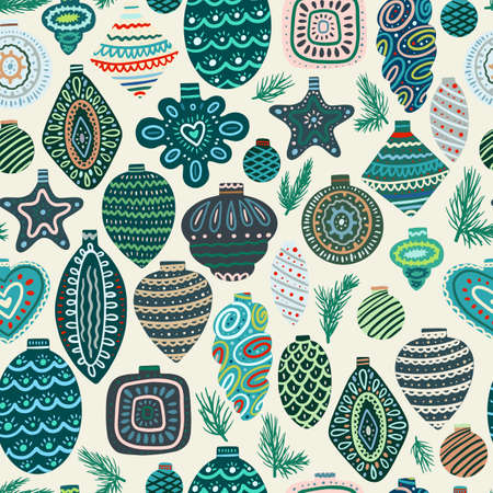Vector Christmas seamless pattern with pine cones, balls, Christmas decorations, Christmas decorations. Vintage holiday repeated texture with new year toys and decoration.のイラスト素材