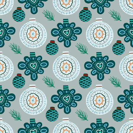 Vector Christmas seamless pattern with pine cones, balls, Christmas decorations, Christmas decorations. Vintage holiday repeated texture with new year toys and decoration.のイラスト素材