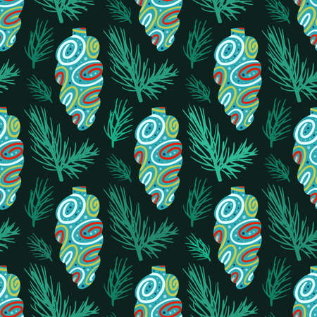 Vector Christmas seamless pattern with pine cones, balls, Christmas decorations, Christmas decorations. Vintage holiday repeated texture with new year toys and decoration.のイラスト素材