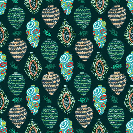 Vector Christmas seamless pattern with pine cones, balls, Christmas decorations, Christmas decorations. Vintage holiday repeated texture with new year toys and decoration.のイラスト素材