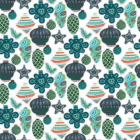 Vector Christmas seamless pattern with pine cones, balls, Christmas decorations, Christmas decorations. Vintage holiday repeated texture with new year toys and decoration.のイラスト素材
