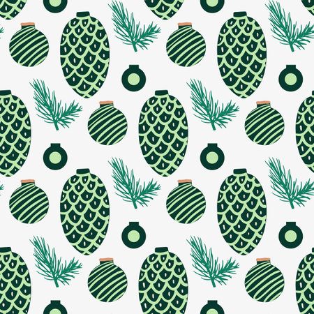 Vector Christmas seamless pattern with pine cones, balls, Christmas decorations, Christmas decorations. Vintage holiday repeated texture with new year toys and decoration.のイラスト素材