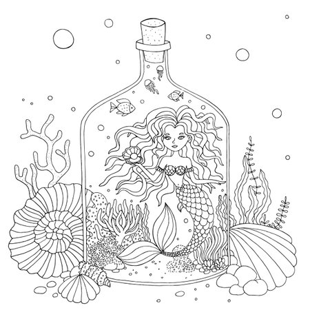 Vector coloring page mermaid in a bottle. Isolated black and white illustration on a marine theme. Anti-stress coloring book for children and adultsのイラスト素材