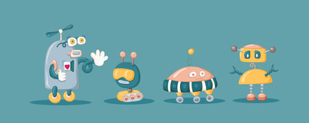 Set of four funny robots on a blue background.のイラスト素材