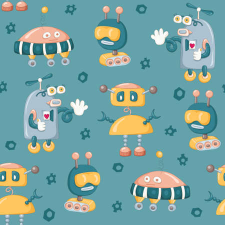 Seamless pattern of happy smiling cartoon robots for children. Vector illustration.のイラスト素材