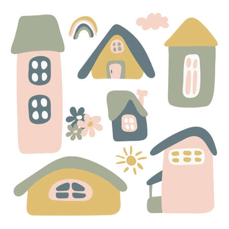 Sticker pack houses, rainbow, sun, flowers, cloud in pastel colors. Perfect for wallpapers, greeting cards, fabrics, textiles, web designs Hand-drawn Vectorのイラスト素材
