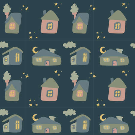 Seamless pattern of cute houses on a dark background. Small houses at night. Houses of different shapes. Houses, the moon, stars. Vector.のイラスト素材