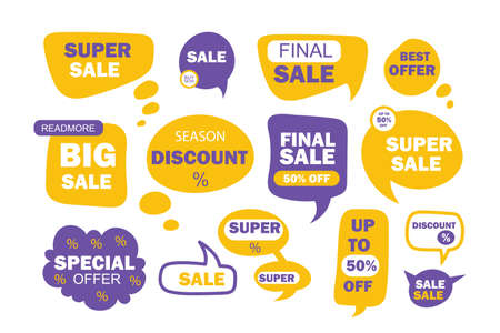 Sale lettering set. Bright yellow and purple lettering. Sale. Discount. Vector illustration.のイラスト素材