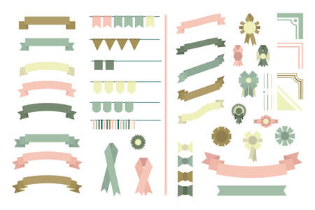 Set of 45 flat simple elements in pastel colors of different shapes. Ribbons, banners, bows, flags, icons, badges isolated on white background. For the design of children's items, web design, shops. Vectorのイラスト素材