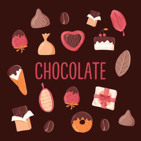 A set of chocolate products isolated on a dark background. Chocolates, candies, chocolate bar, chocolate covered strawberries, ice cream, cocoa beans, box of chocolates, truffles, chocolate cake.のイラスト素材