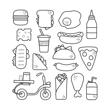 Fast food icons set. Black isolated objects on a white background. For restaurants and fast food outlets with delivery. All objects are separated. Vector illustrationのイラスト素材