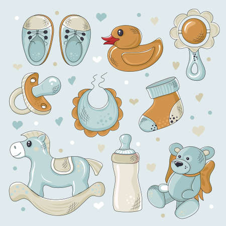 Kids toy vector set. Children's toys and accessories isolated on blue background. Great fit for nursery poster, t shirt print, kids apparel, greeting card, label, patch or sticker. Vectorのイラスト素材