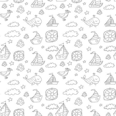 Cute marine seamless pattern on a white background.Ship, yacht, albatross, whale, lifebuoys, clouds, stars, anchor on a white background. Hand drawn.のイラスト素材