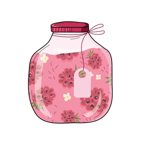 Glass jar raspberry jam and an inscription label. Hand-drawn. Vectorのイラスト素材