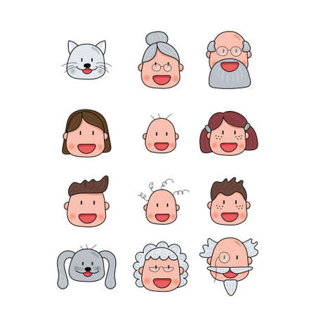 Set of happy smiling faces of one family. Grandparents, mother, father, children and pets. Vector illustration.のイラスト素材