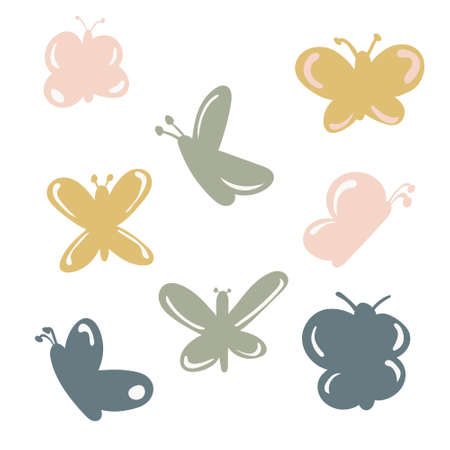 Set of minimalistic butterflies in neutral colors. Vector illustration. Hand drawn.のイラスト素材