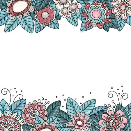 Bright floral frame. Postcard with flowers and place for an inscription. The frame is decorated with bright abstract flowers and leaves. Vector illustration.のイラスト素材