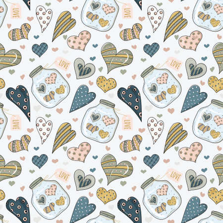 Seamless pattern. Valentine's Day elements. Valentine's Day greeting card. Jar pattern with hearts and decorative heart. Colorful background design with objects and symbols. Vector.の写真素材
