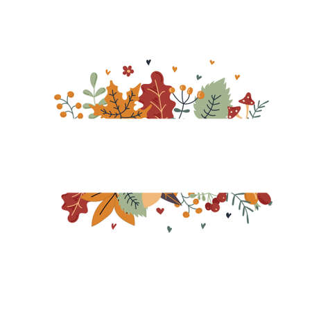 Autumn. Autumn frame. Autumn card. The frame is decorated with bright autumn leaves. Vector. Flat design. Hand-drawn.のイラスト素材