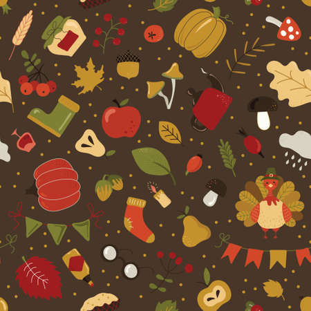 Seamless pattern thanksgiving elements on dark background. Seamless pattern for wallpaper, web sites,wrapping paper,for fashion prints, fabric, design. Vector Illustration.のイラスト素材