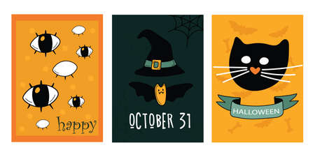 Greeting cards, or posters Set, cutest cat, bat with hat, kind happy eyes. Happy holiday. Halloween Happy holiday. Great for postcards, advertising banners. Vector illustration.のイラスト素材