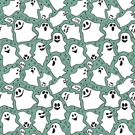 Seamless pattern with different ghosts on a blue background. Cute ghosts with different facial expressions. Halloween Happy holiday. Vector.のイラスト素材
