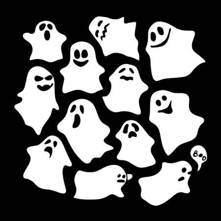 Set of different ghosts on a black background. Good and evil ghosts with different faces. For the design of banners, cards for Halloween. All objects are separated. Vector illustration.のイラスト素材