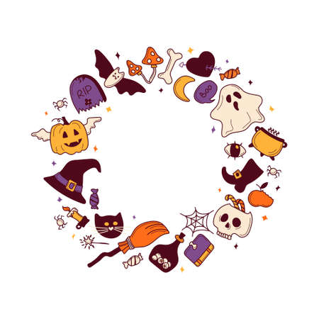 Round frame from bright cool elements for Halloween. Pumpkin, Skull, Ghost, Gravestone, Spider, Candy, Broom, Hat, Eye, Potion, Bone, and more. Happy holiday Great for postcards advertising banners Vectorのイラスト素材