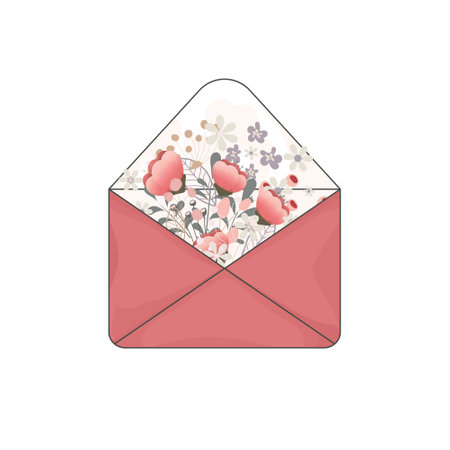 Red envelope with beautiful delicate flowers. Cute illustration. Ideal for decorating postcards birthday and other holiday. Vector illustration.のイラスト素材