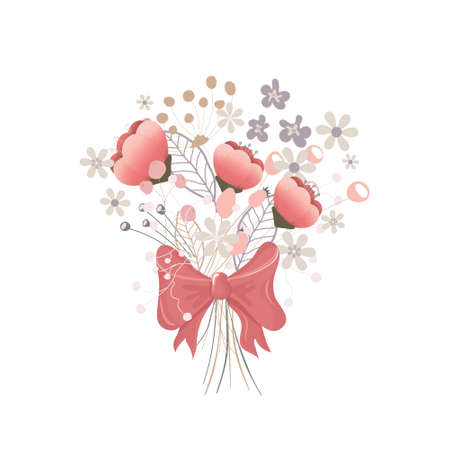 The bouquet of beautiful flowers is tied with a red bow. Cute illustration. Ideal for decorating holiday cards, banners, cards, flower shops. Vector illustration.のイラスト素材