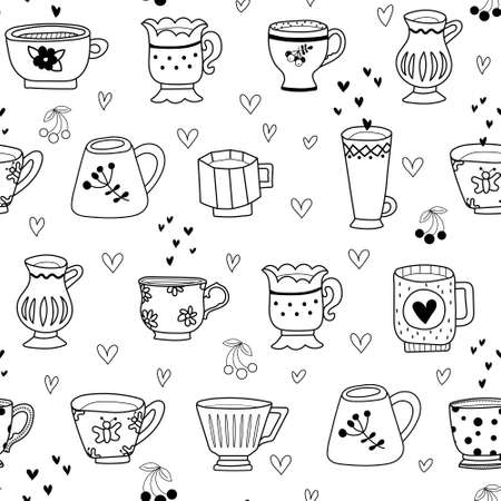 Seamless pattern of different beautiful cups on a white background. Design element. Beautiful glassware for drinks. Coloring. Vector illustration. Flat design.のイラスト素材